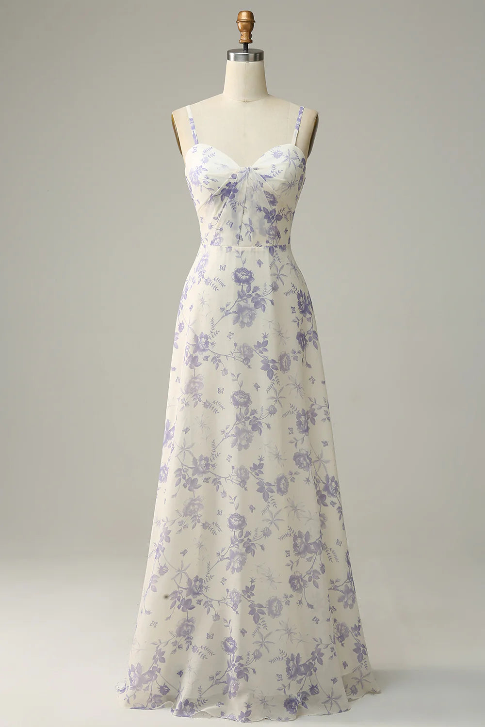 White Blue Flower A Line Spaghetti Straps Chiffon Floor Length Bridesmaid Dress