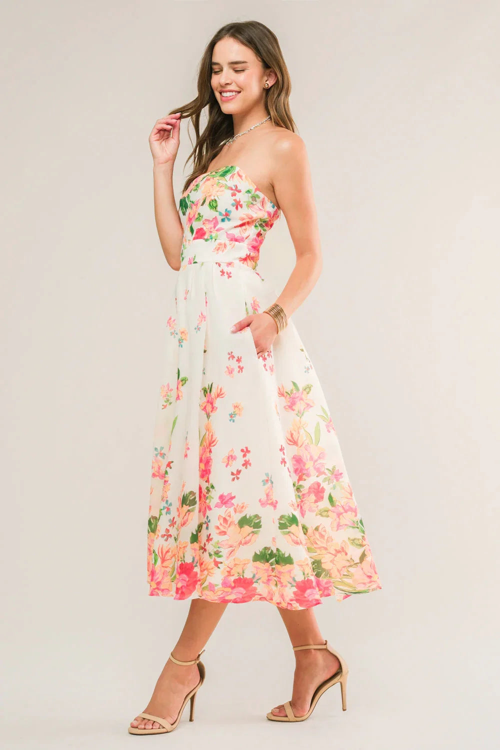BRUNCH BOUQUET STRAPLESS FLORAL MIDI DRESS