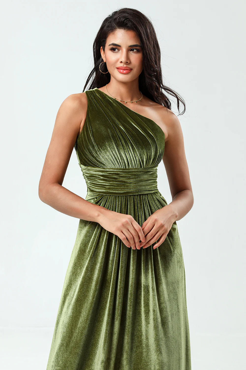 A Line One Shoulder Ruched Velvet Floor Length Dress