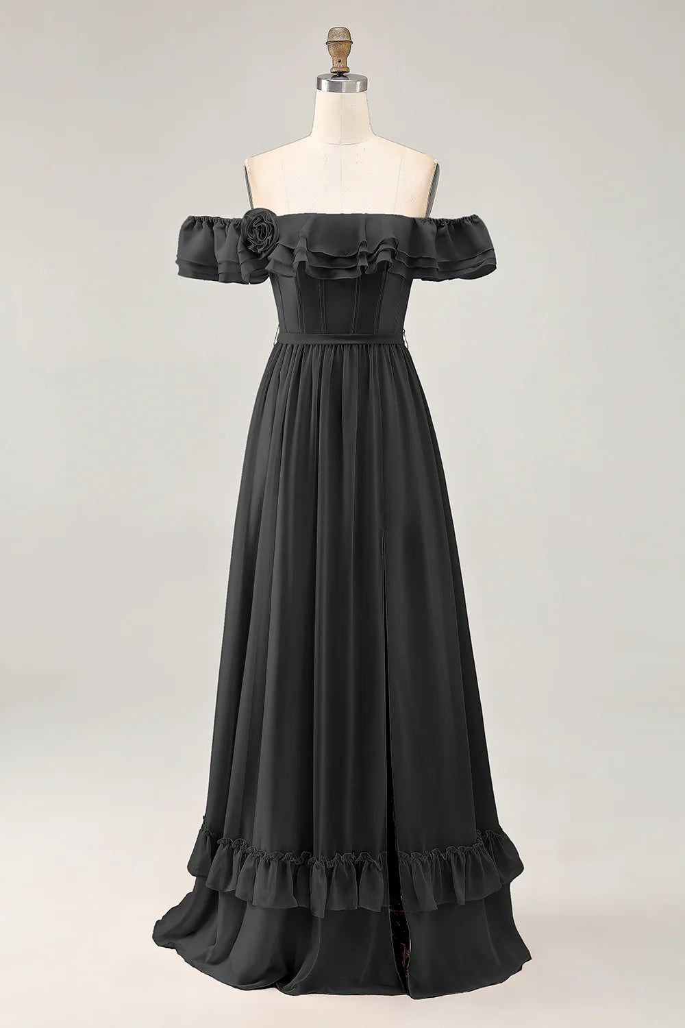 Royal Blue A line Off The Shoulder Chiffon Long Bridesmaid Dress with Slit