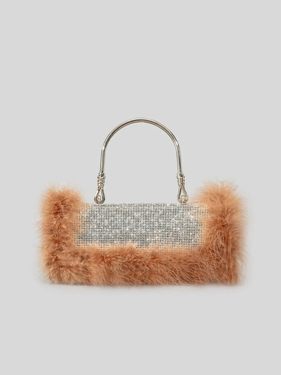 Womens Furry Rhionestones Evening Clutch Bags