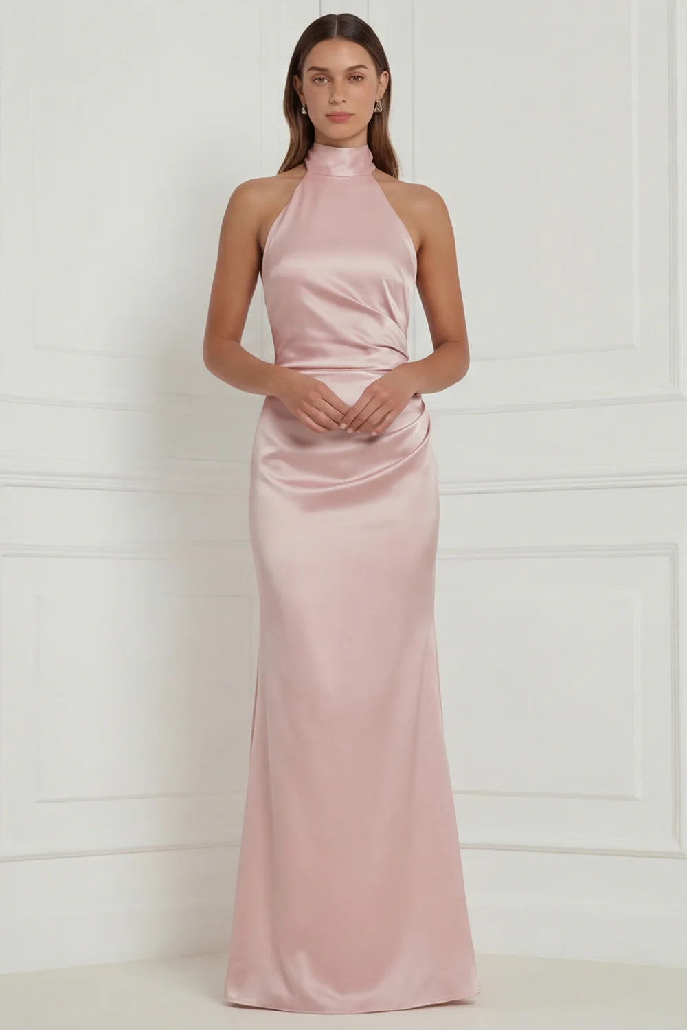 Sage Green Floral Mermaid Halter Printed Long Bridesmaid Dress with Streamer