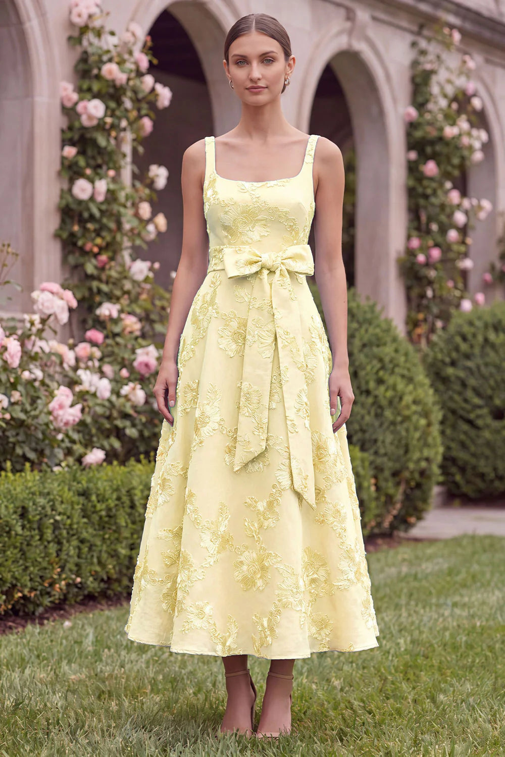 Sage Floral A Line Embroidery Square Neck Wedding Guest Dress with Bow