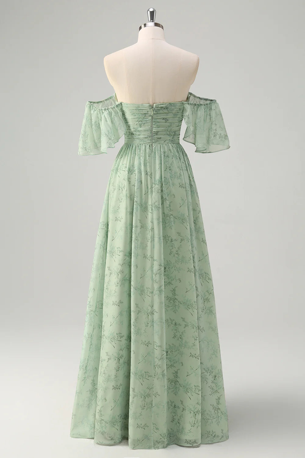 Dusty Sage A Line Off The Shoulder Pleated Long Floral Bridesmaid Dress with Slit