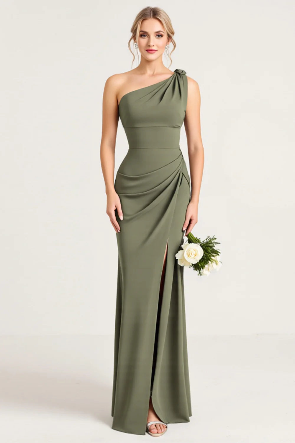 Olive One Shoulder Ruched Sheath Bridesmaid Dress with Slit