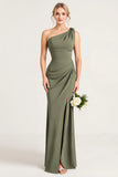 Olive One Shoulder Ruched Sheath Bridesmaid Dress with Slit