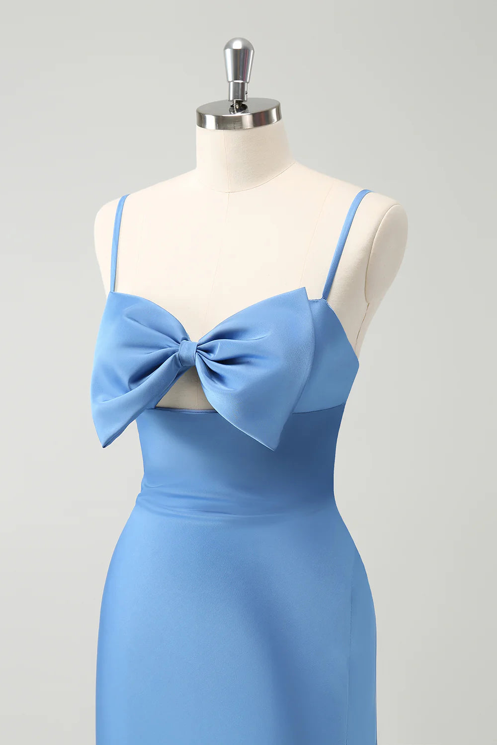 Blue Mermaid Spaghetti Straps Satin Bridesmaid Dress with Bow