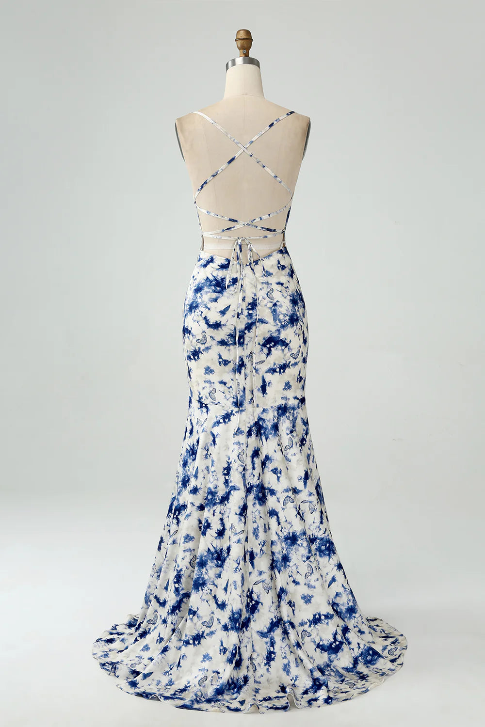 Blue Flower Mermaid Floral Lace Up Back Print Long Bridesmaid Dress With Slit
