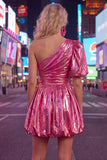 Metallic Hot Pink One Shoulder A Line Homecoming Dress with Puff Sleeve