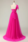 Fuchsia A Line One Shoulder Sheer Corset Tulle Long Prom Dress with Slit