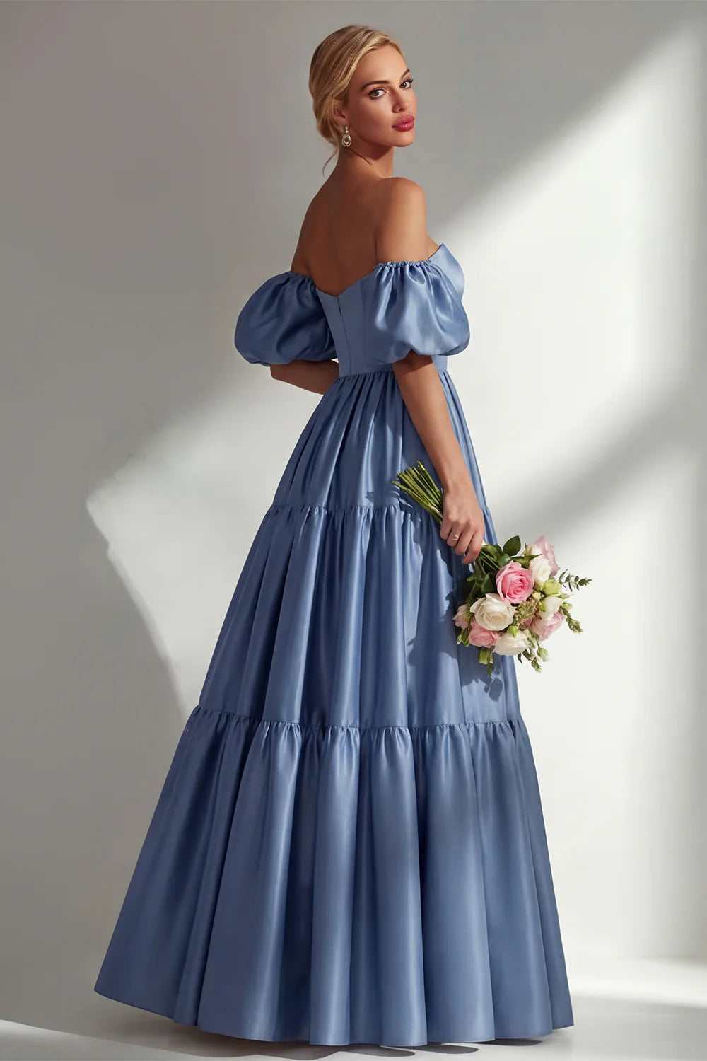 Off the Shoulder A Line Steel Blue Long Prom Dress with Removable Sleeves