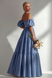 Off the Shoulder A Line Steel Blue Long Prom Dress with Removable Sleeves