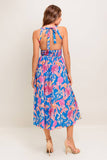 SOLANA MIDI DRESS BLUE PINK FLORAL HALTER DRESS