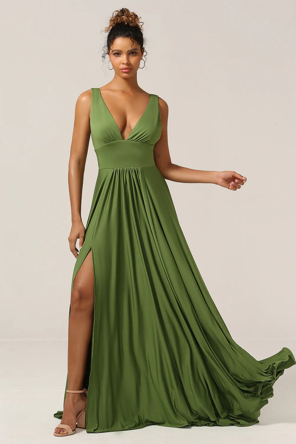 Olive A Line Deep V neck Spandex Floor Length Bridesmaid Dress with Slit
