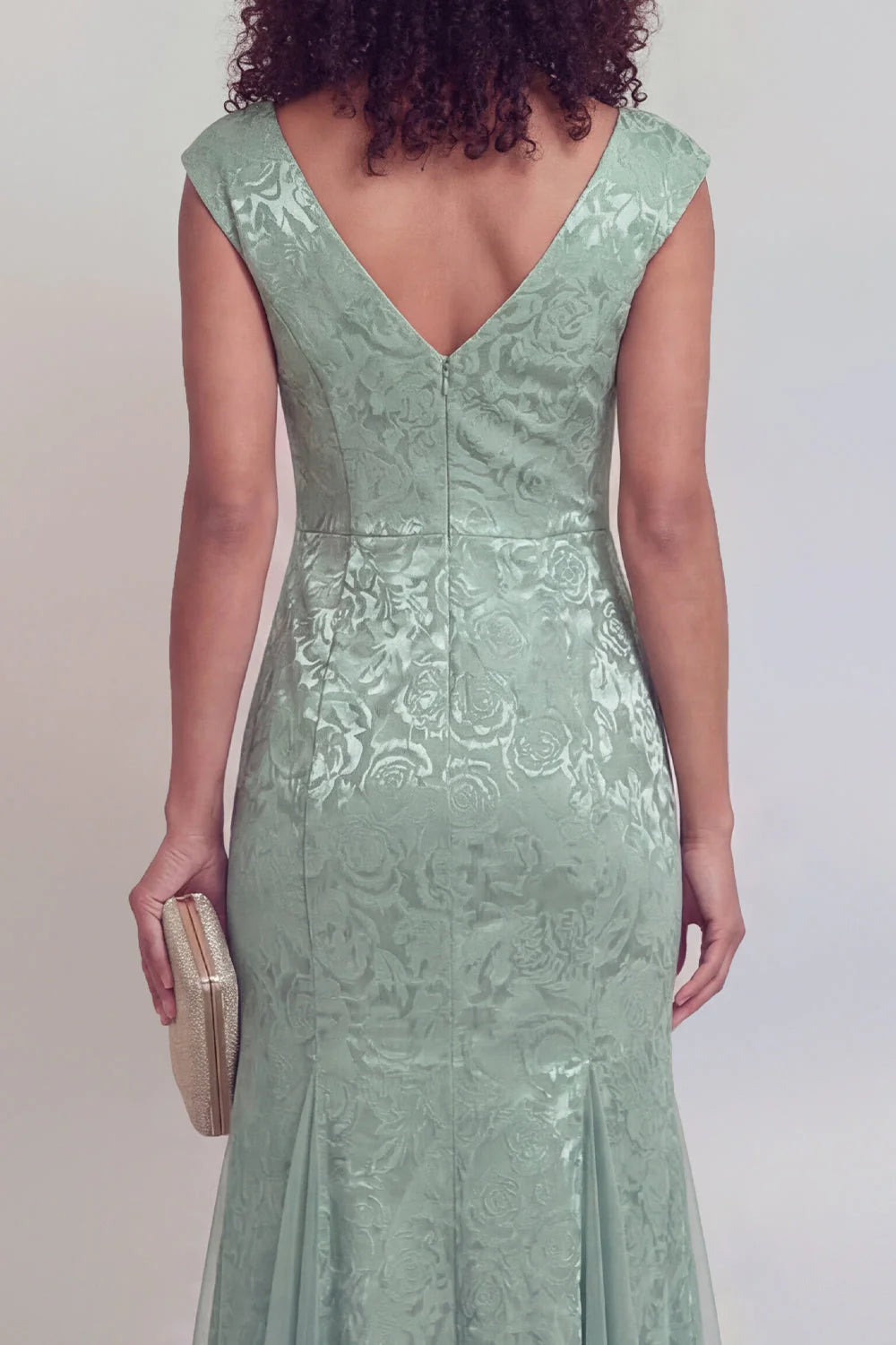 Sage Green Jacquard Mermaid V Neck Maxi Mother of the Bride Dress with Slit