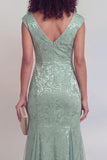 Sage Green Jacquard Mermaid V Neck Maxi Mother of the Bride Dress with Slit