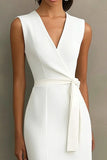White Satin V Neck Work Dress with Belt