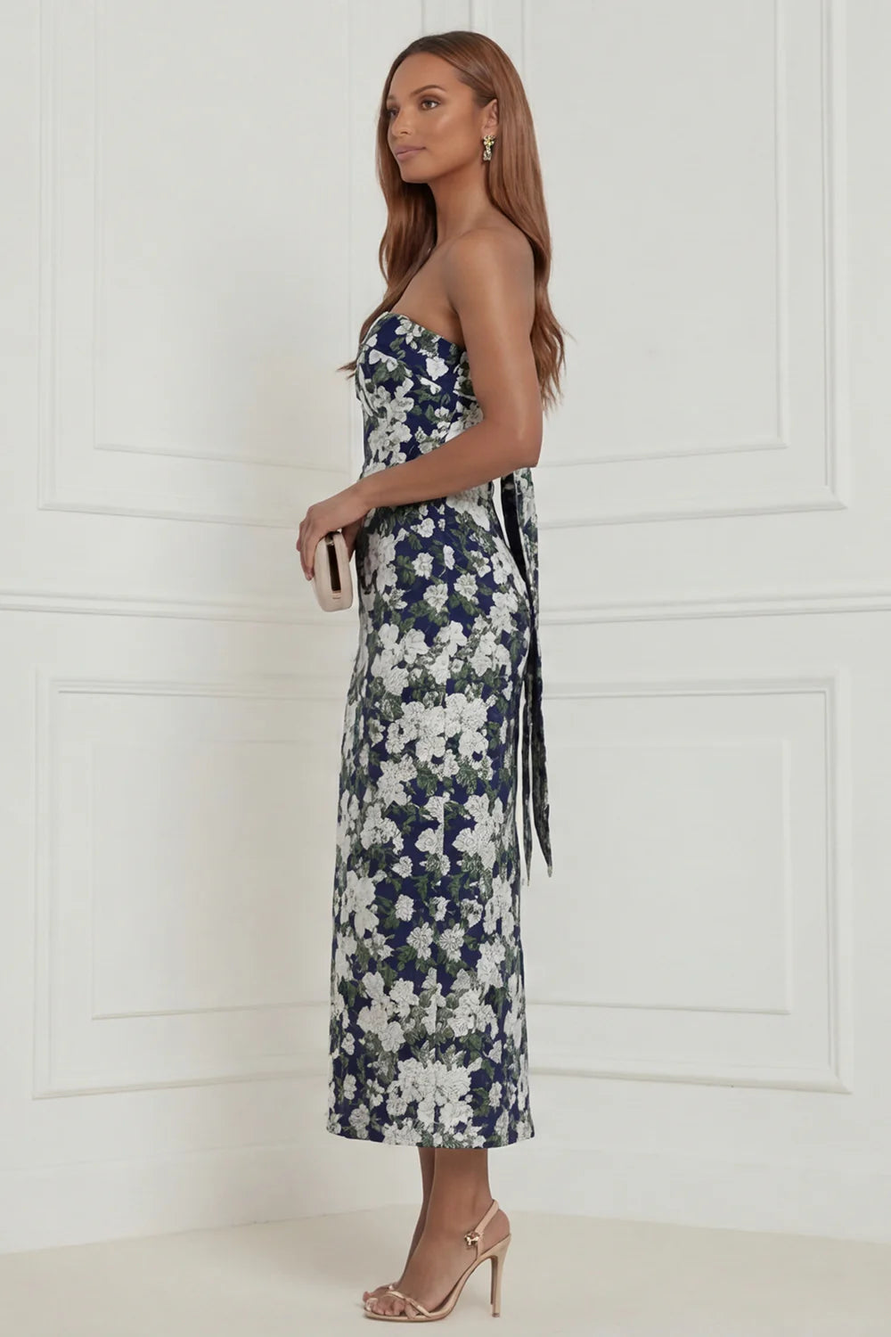 Strapless Fuchsia Sheath Floral Midi Wedding Guest Dress with Bow