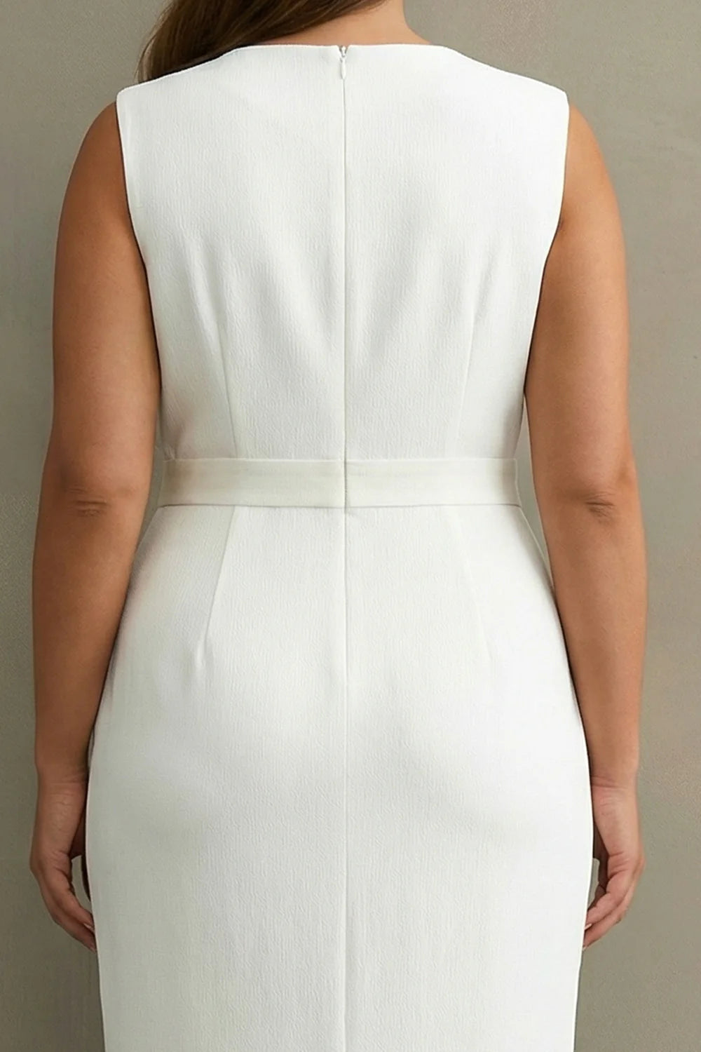 White Satin V Neck Plus Size Work Dress with Belt