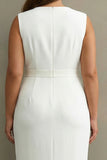 White Satin V Neck Plus Size Work Dress with Belt