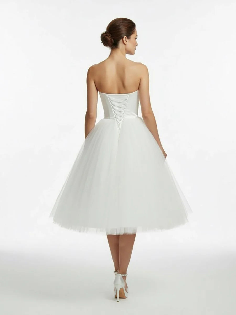 Sweetheart Empire Tea Length Tulle Wedding Dress With Lace Up Back