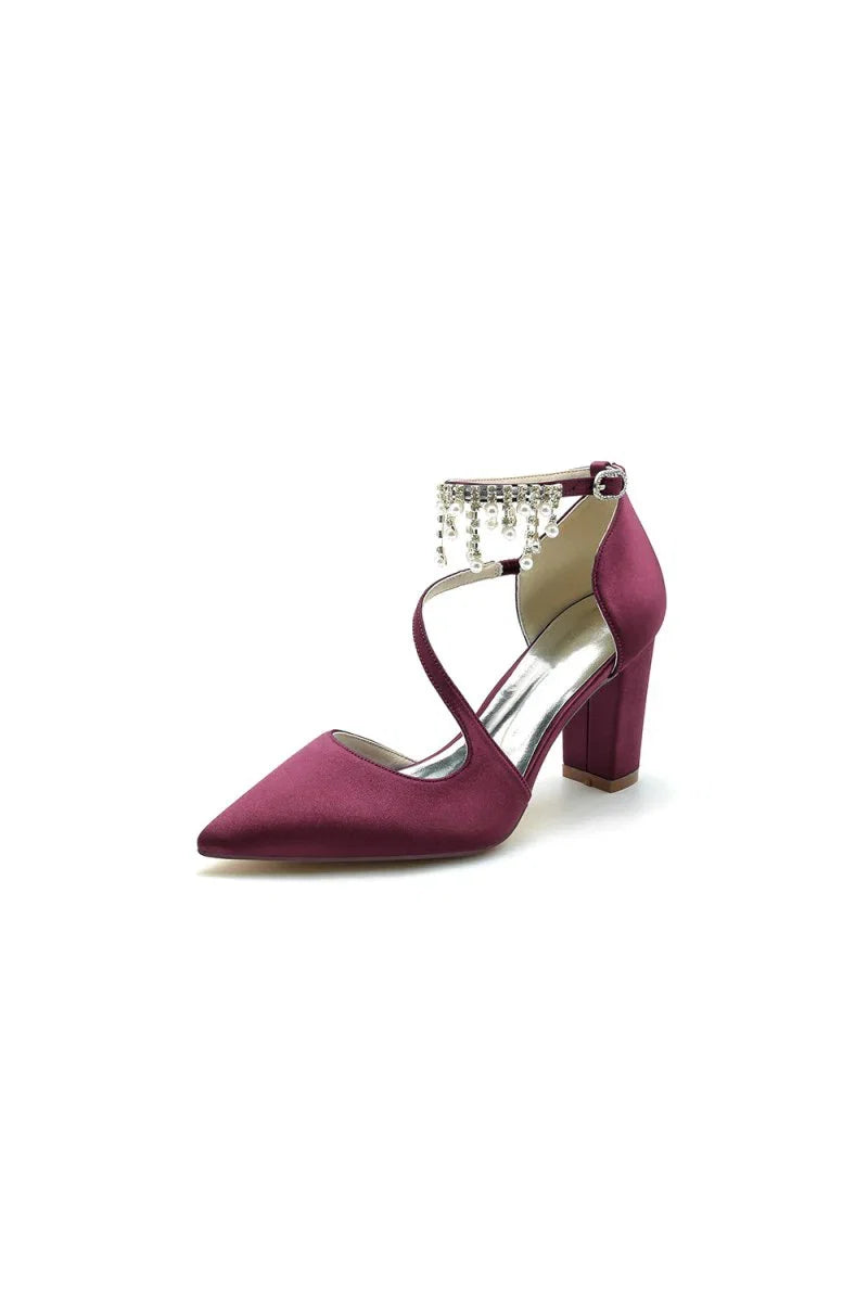 White Satin Pump with Pearl Embedded Chain Heel