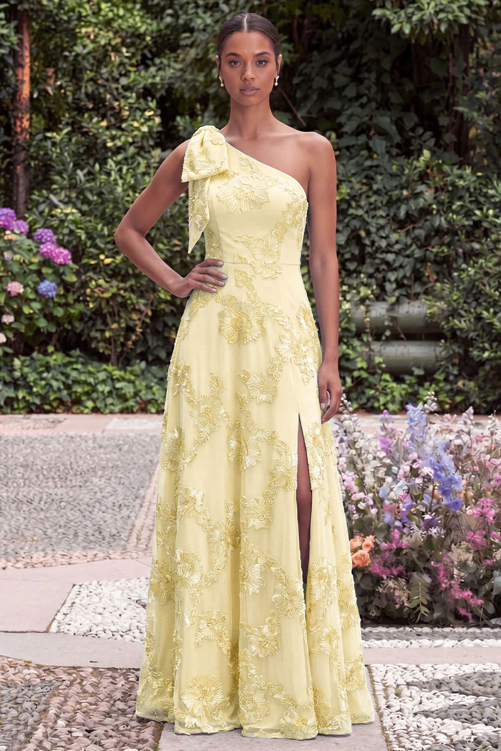 Daffodil A Line Floral Embroidery One Shoulder Wedding Guest Dress with Slit