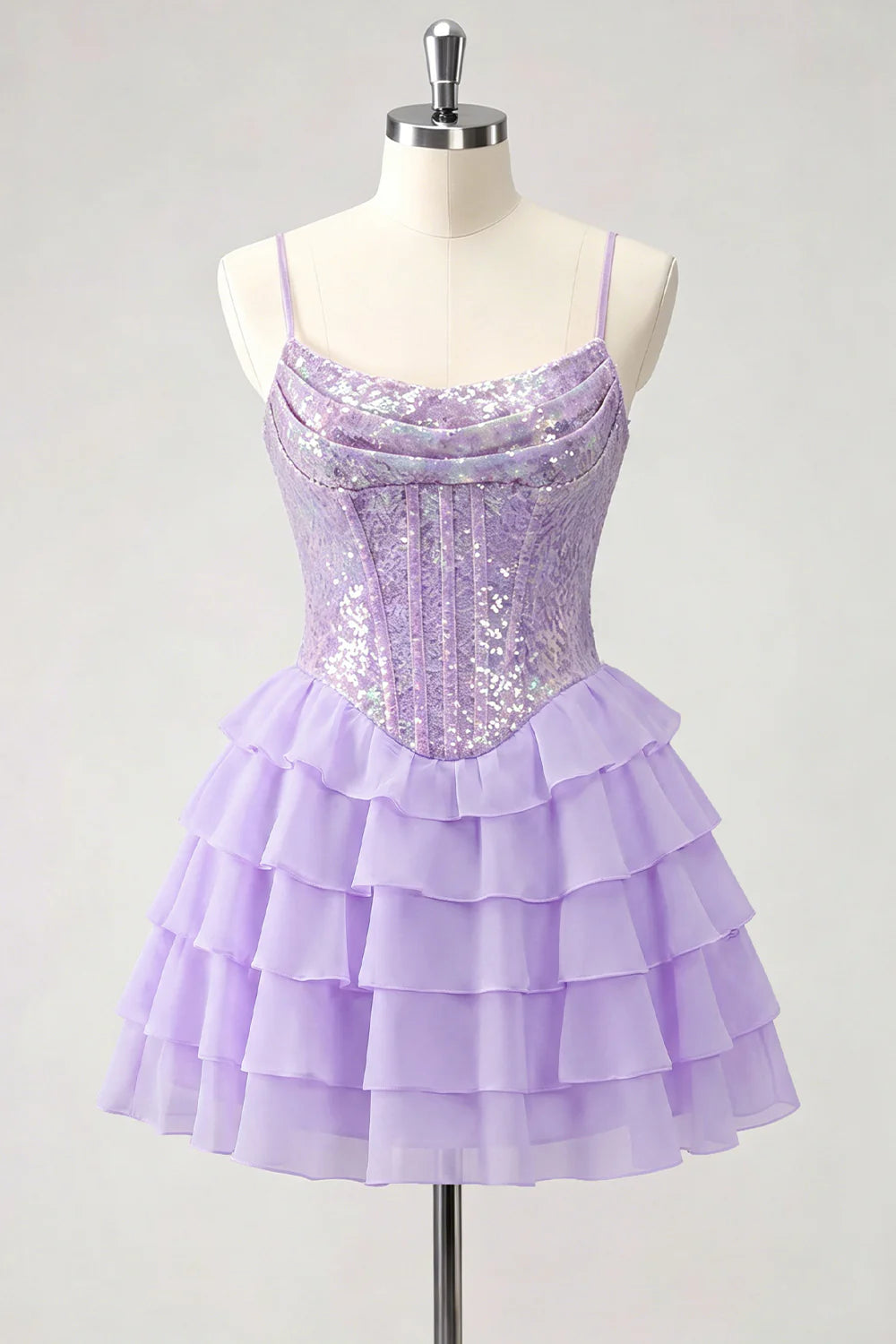 Champagne A Line Sequin Tiered Ruffle Short Homecoming Dress