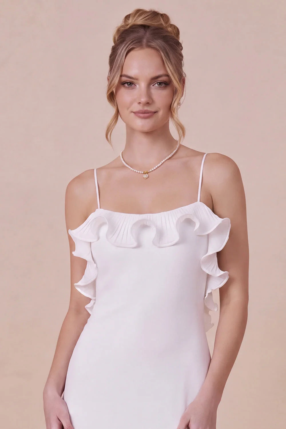 White Spaghetti Straps Ruffle Engagement Dress with Slit