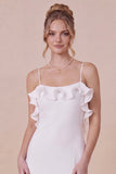 White Spaghetti Straps Ruffle Engagement Dress with Slit