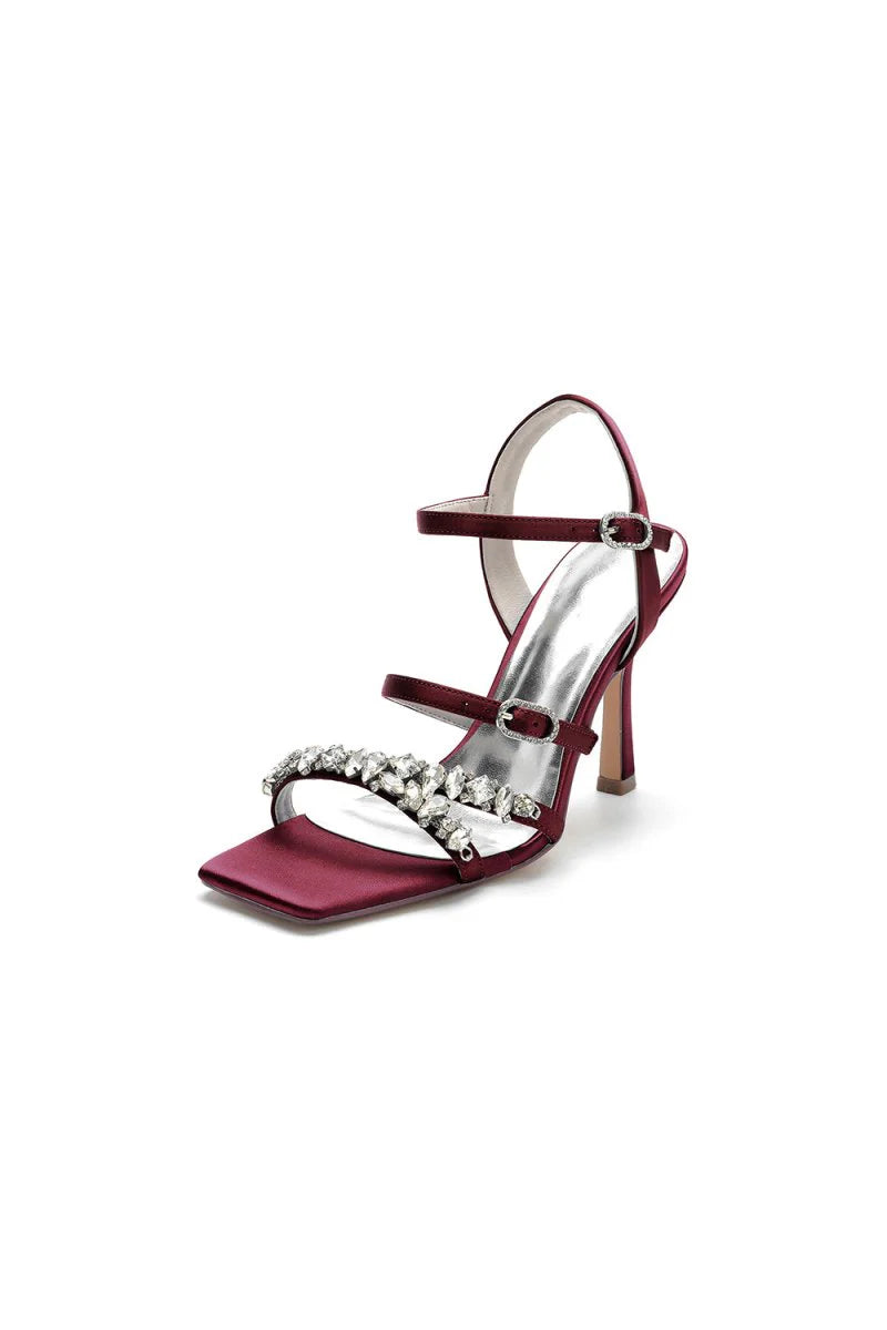 Crystal Buckle Straps Square Open Toe Chunky Heels