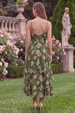 Floral A Line Spaghetti Straps Ruffled Green Wedding Guest Dress