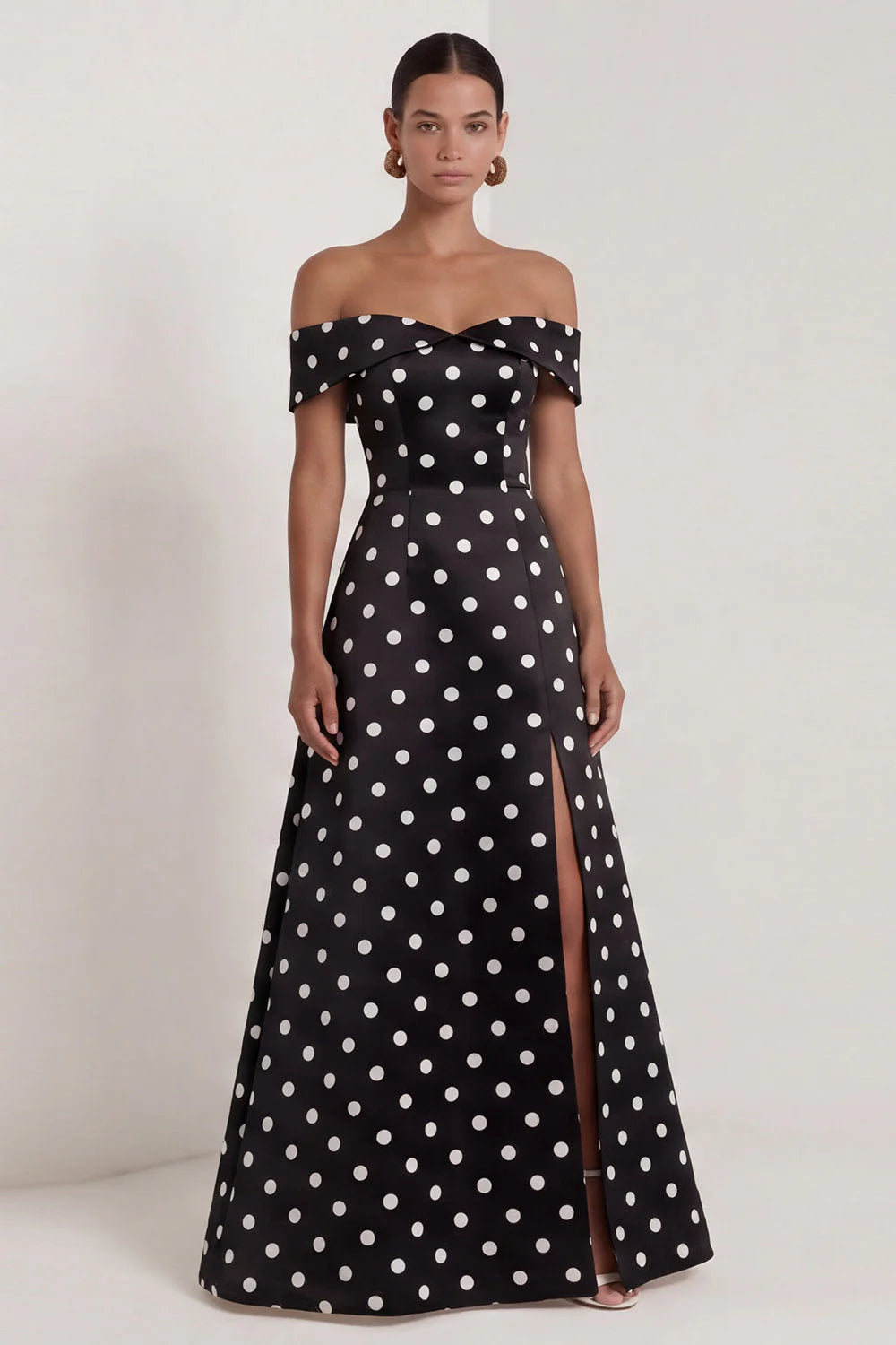 Off the Shoulder Black White Polka Dot A Line Maxi Formal Dress with Slit