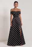 Off the Shoulder Black White Polka Dot A Line Maxi Formal Dress with Slit