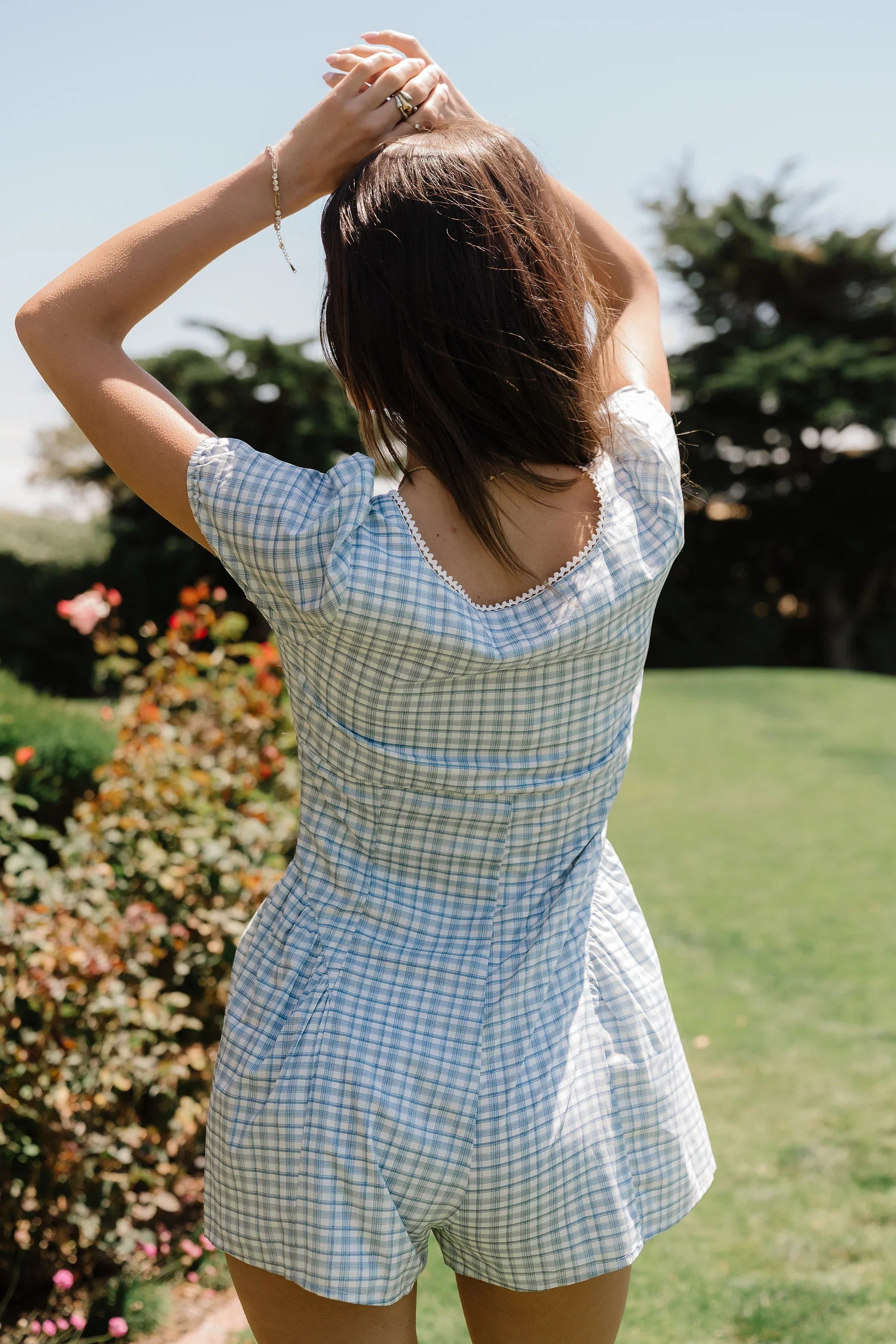 Aislynn Gingham Romper in Blue