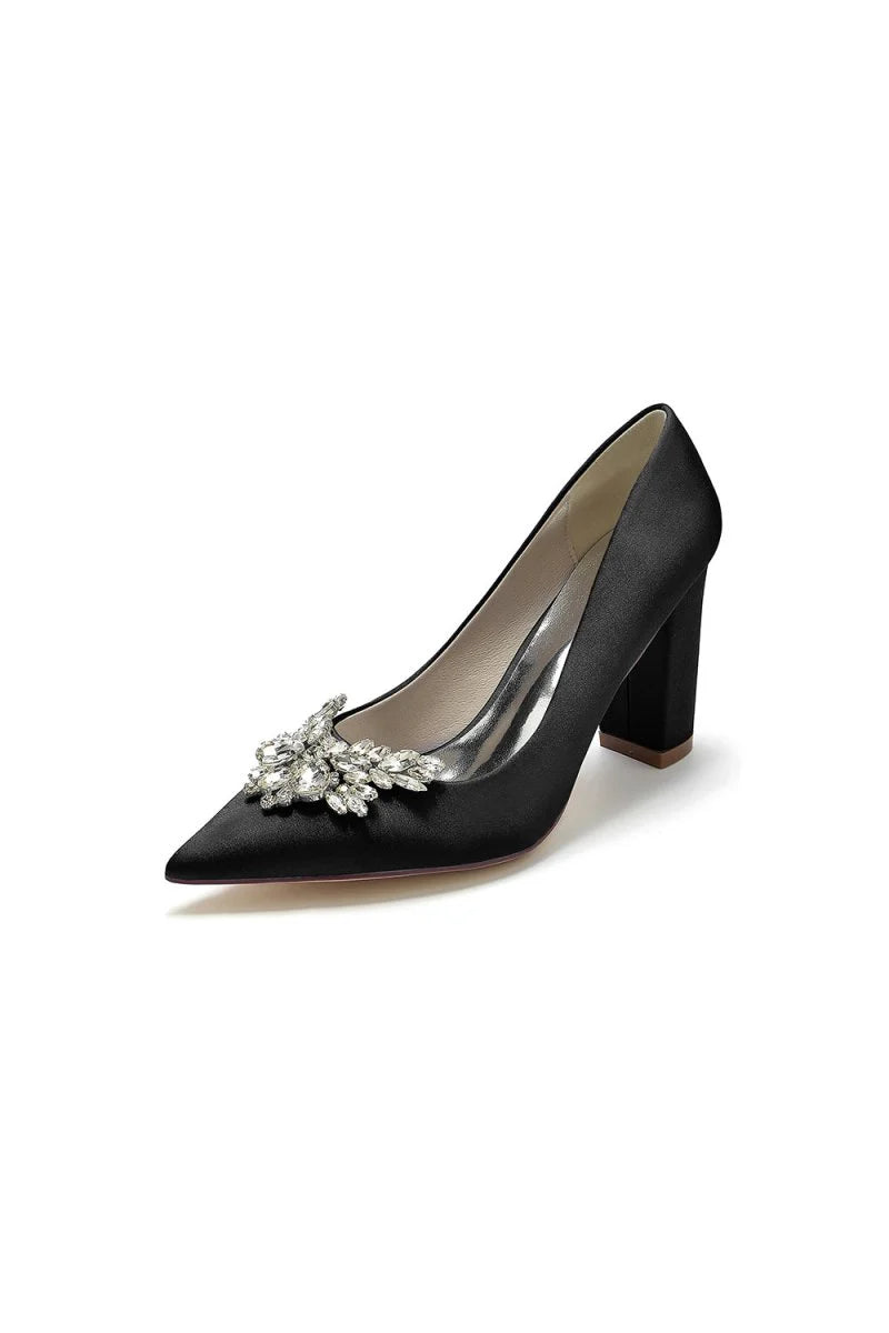 Satin Pointed Toe Slip on Chunky Heels With Rhinestone