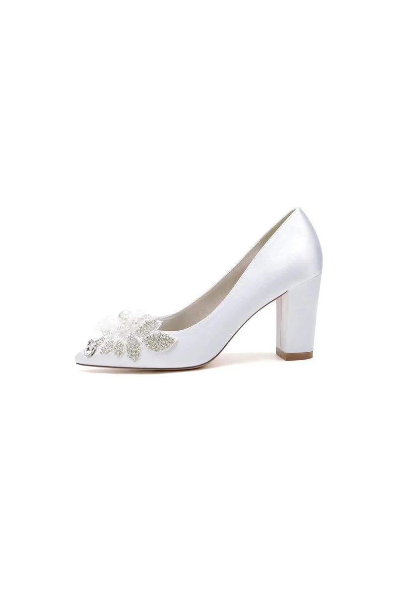 Floral Beaded Pointed Toe Chunky Heel