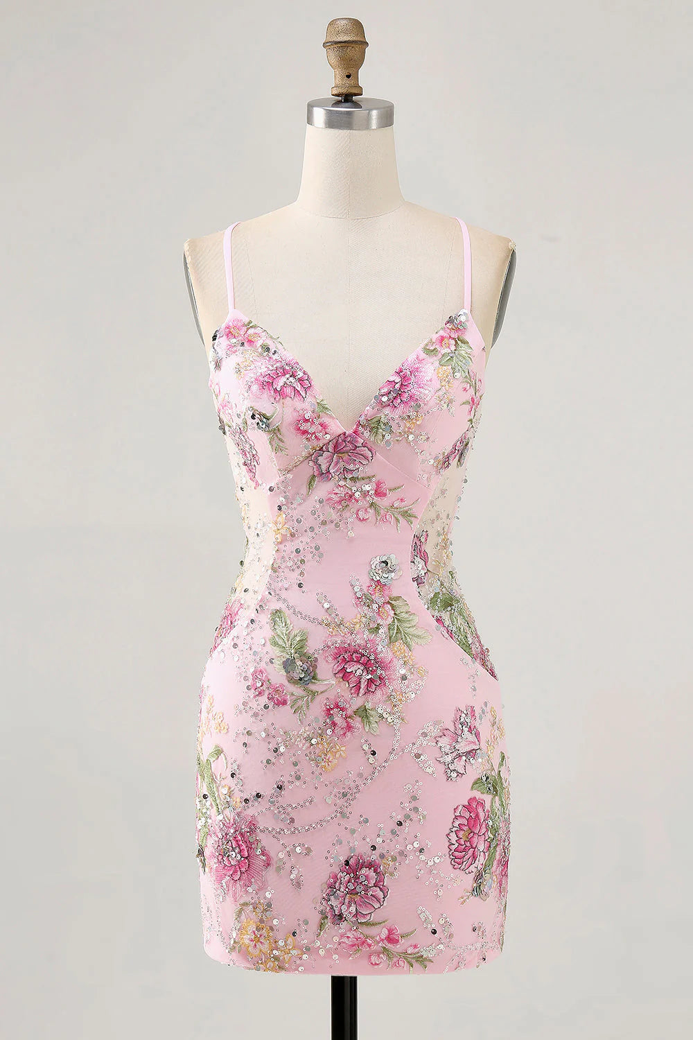 Sparkly Black Bodycon Spaghetti Straps Floral Short Homecoming Dress with Sequins