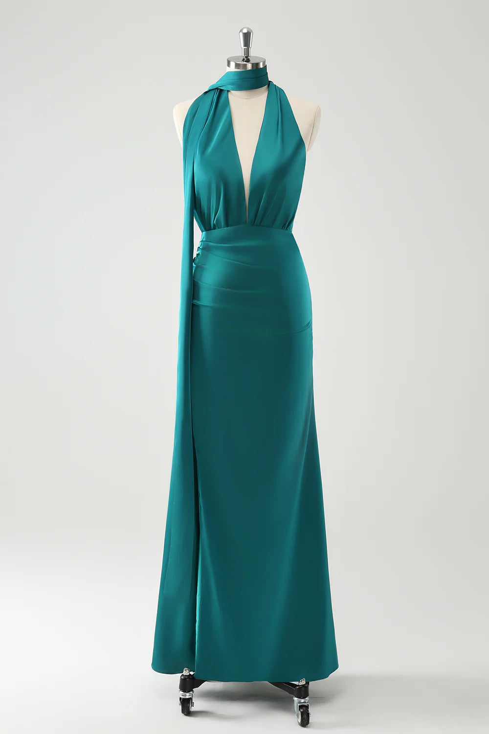 Burgundy Sheath Convertible Deep V Neck Ruched Long Bridesmaid Dress with Open Back