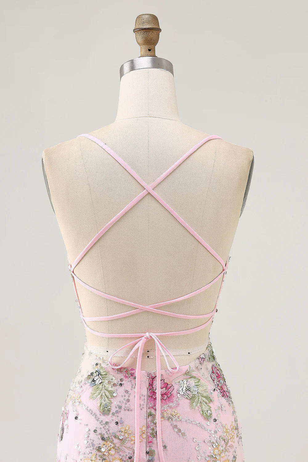 Pink Spaghetti Straps Short Floral Tight Homecoming Dress with Lace Up Back