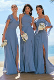 Grey Blue A Line Chiffon Lace Up Back Bridesmaid Dress with Slit