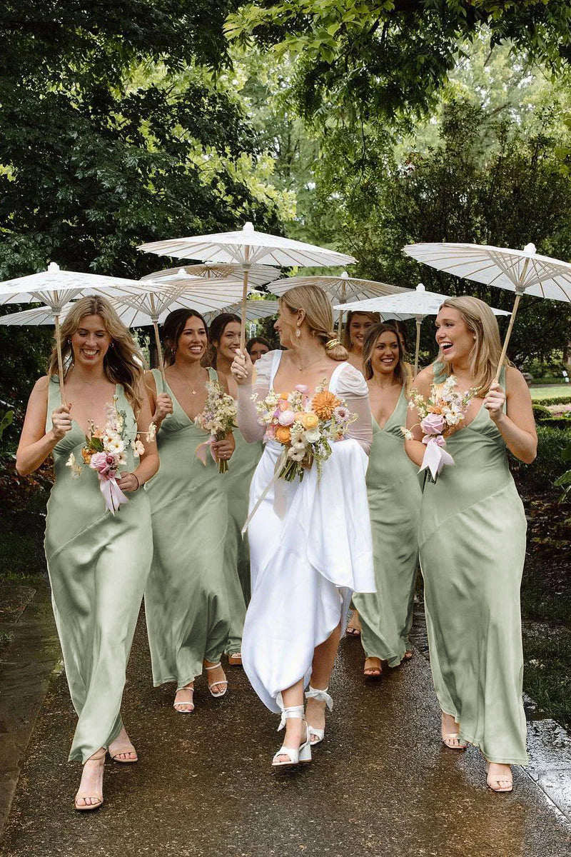 Charming Sheath V Neck Stretch Satin Bridesmaid Dresses
