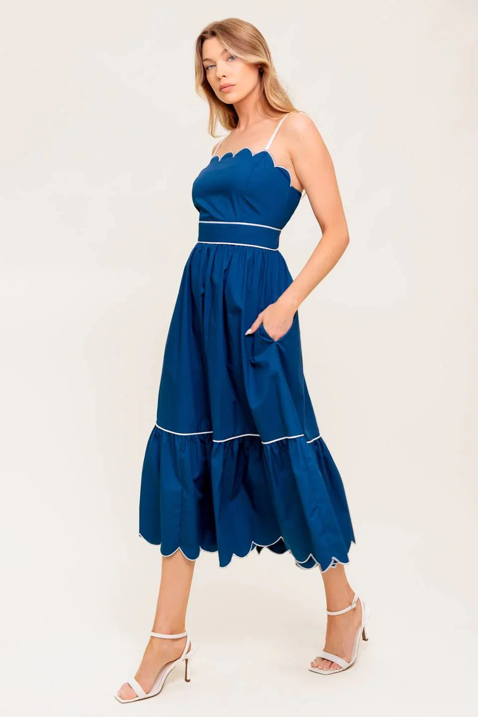 SWEET DREAMS SCALLOPED EDGE MIDI DRESS NAVY