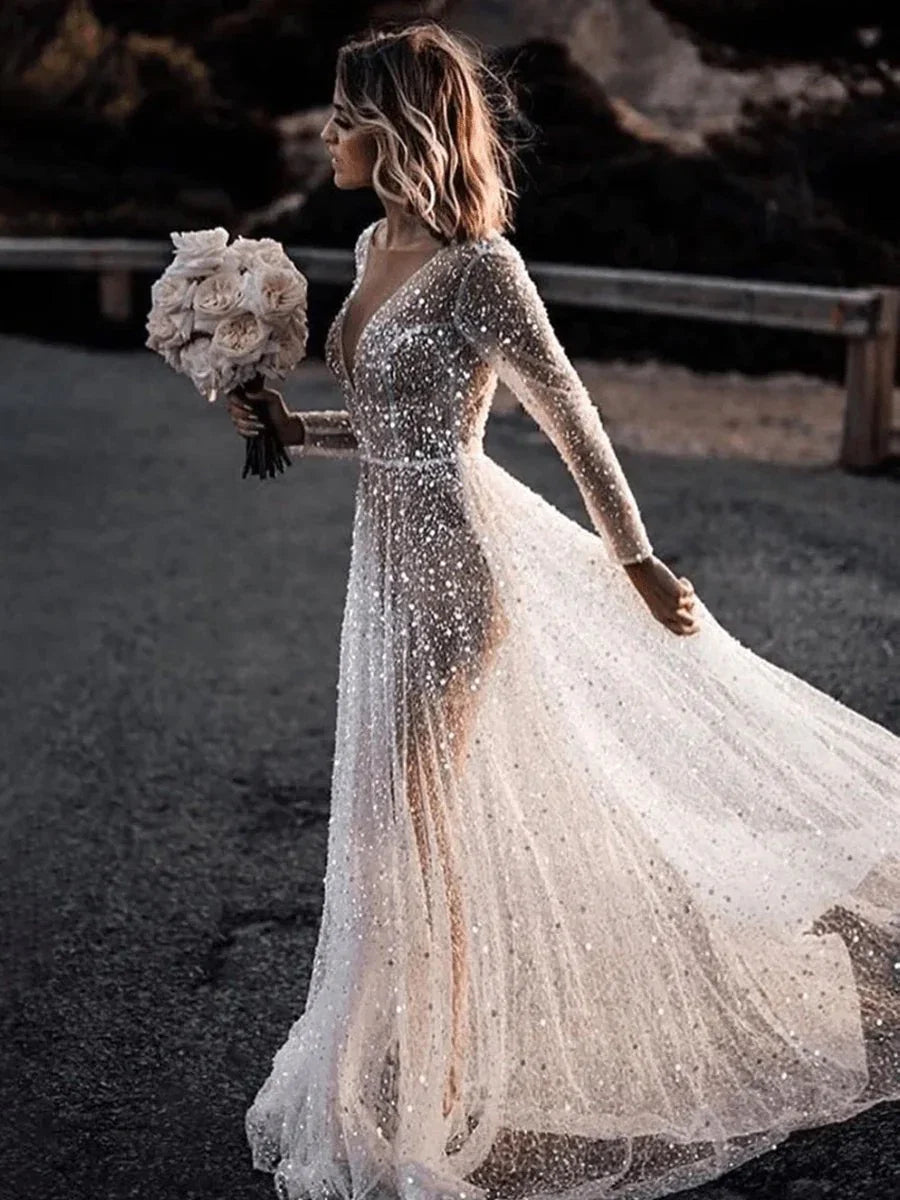 Bohemian A Line Sparkly Sequined Luxury Wedding Dresses