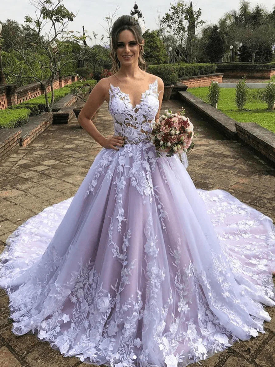 Light Purple Sleeveless A Line V Neck Lace Wedding Dresses