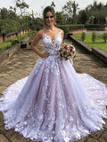 Light Purple Sleeveless A Line V Neck Lace Wedding Dresses