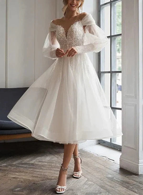A Line Sweetheart Long Sleeves Elegant Tulle Wedding Dresses With Appliques Lace