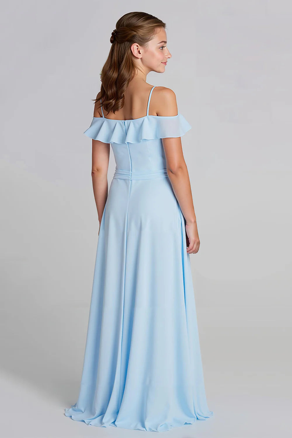 Sky Blue Chiffon A Line Cold Shoulder Junior Bridesmaid Dress