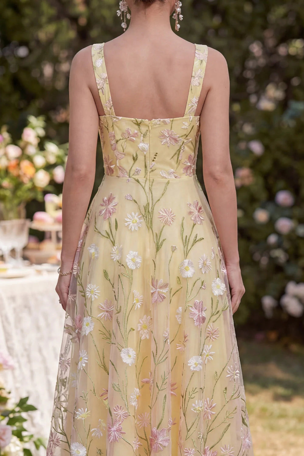 Floral A Line Light Yellow Midi Wedding Guest Dress