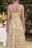 Floral A Line Light Yellow Midi Wedding Guest Dress